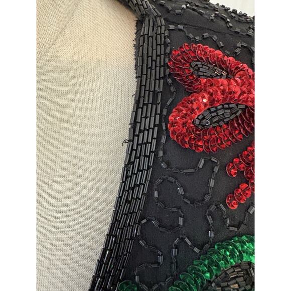 Vtg 80s Lawrence Kazer NY Silk Beaded Jacket Red Green Bows Holiday Partly Sz L - Picture 10 of 10